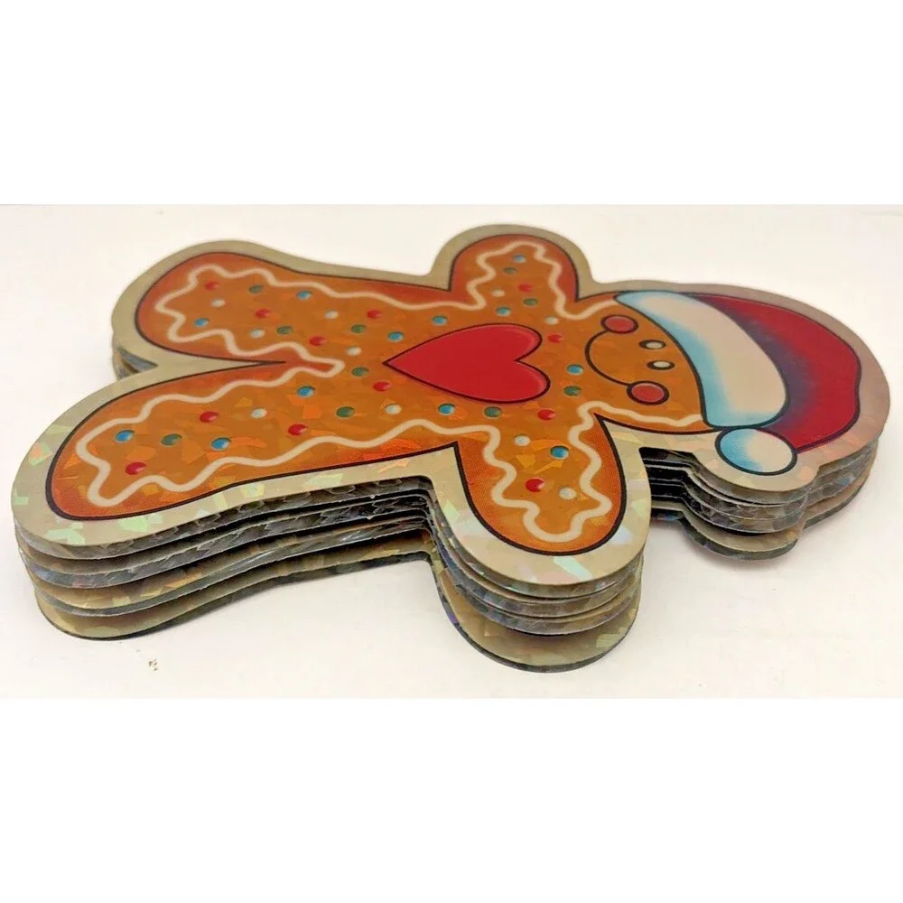 Vtg Christmas Foil Cutouts Snowman Gingerbread Man Die Cut Cardboard Lot of 8